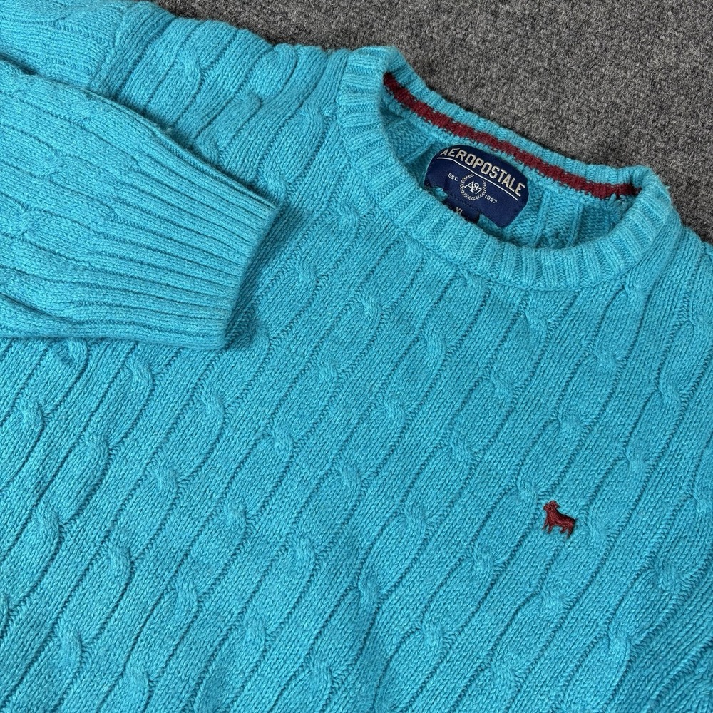 Aeropostale 90s Y2K Vintage Turquoise Fisherman Cable Knit Sweater Logo Size XL